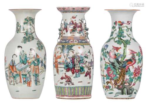 Three Chinese polychrome vases, decorated with animated scenes and phoenixes, 19th/20thC, H 45 - 46 cm