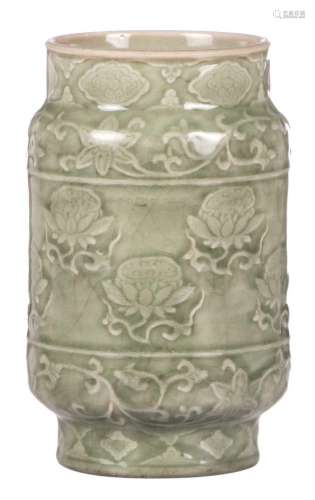 A Chinese celadon vase, decorated with flowers, H 22,5 - Diameter 13,5 cm