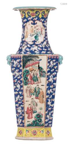 A Chinese octagonal polychrome floral decorated vase with cranes, the roundels with famille rose animated scenes, 19thC, H 60 cm