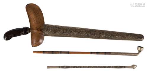 Two Japanese decorative pipes, paktong and bamboo,  L 28 - 34,5 cm; added a Javanese kris with wooden grip, the wooden scabbard with copper mounts, 19thC, L 43,5 cm