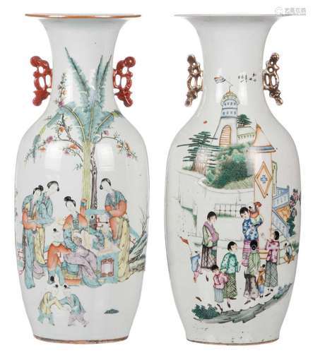 Two Chinese polychrome decorated vases with an animated scene and calligraphic texts, H 57 cm