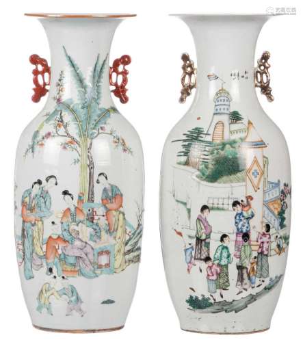 Two Chinese polychrome decorated vases with an animated scene and calligraphic texts, H 57 cm