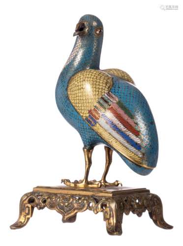 A Chinese bronze and cloisonné model depicting a pigeon on a base, 19thC, H 18 cm (damage)