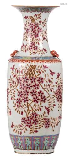 A Chinese famille rose vase, decorated with flower branches and calligraphic texts, 19thC, H 58 cm (bottom crack)