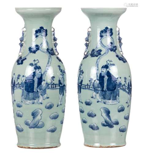 A pair of Chinese celadon blue and white vases, decorated with figures in a garden, H 61,5 cm