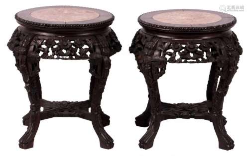 A pair of Chinese carved wooden stools with marble top, H 48 - D 47 cm