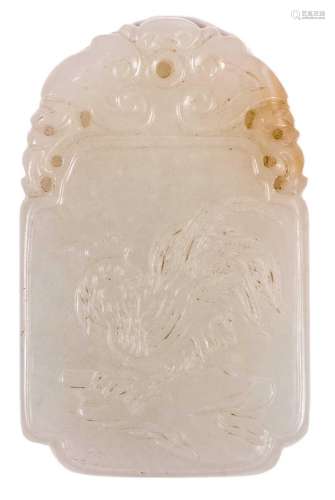 A Chinese jade pendant, relief decorated with a cock on one side and a sealmark on the other side, H 5,5 - W 3,5 - D 0,7 cm