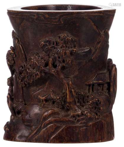 A Chinese wooden carved brushpot, depicting a landscape in relief, H 12 - W 10 cm