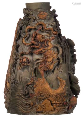 An Oriental richly alto relievo carved polychrome hardstone vase, depicting a deity, bats and fish in a river landscape, H 26,5 cm