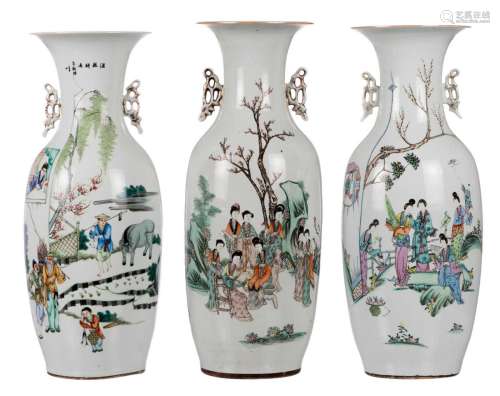 Three Chinese polychrome vases, decorated with animated scenes and calligraphic texts, H 58 - 59,5 cm