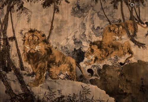 A Chinese tapestry depicting lions in a landscape, textile heightened with watercolor and gouache, signed, late Qing period, 149 x 215 cm (damage)