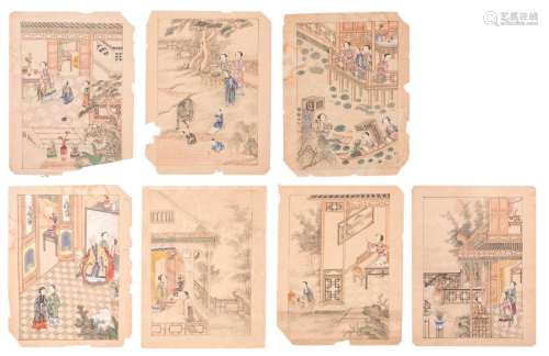 Seven Chinese water colours on paper, depicting animated scenes, framed, 19thC, 32,5 x 42 cm
