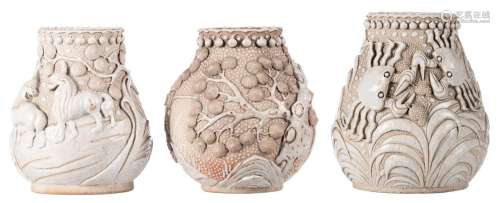 Two Chinese relief decorated stoneware vases, one vase with mythical animals and one vase with warriors, marked, .about 1900, (small damage); added a ditto vase with crabs (firing fault), H 23 - 26 cm