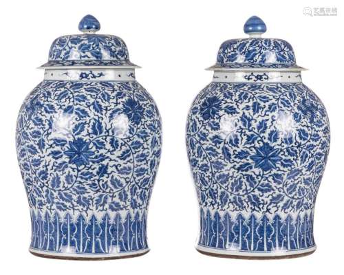 A pair of exceptional Chinese vases and covers, blue and white floral decorated, 19thC, H 61,5 cm