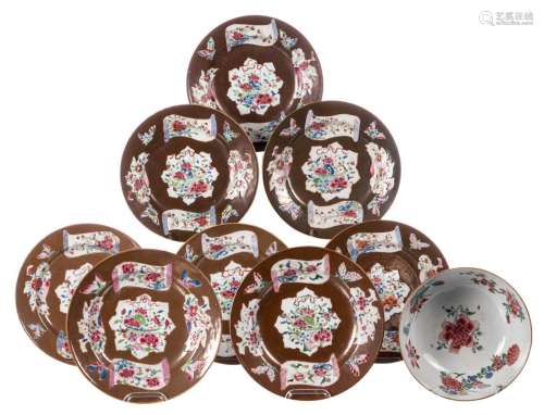 A set of eight Chinese dishes and one bowl, Batavia brown and famille rose decorated, 18thC, Diameter 22,5 - H 9 - Diameter 19,5 cm