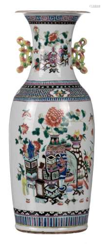 A Chinese famille rose polychrome decorated vase, with a court scene, antiquities and flower vases, 19thC, H 60,5 cm