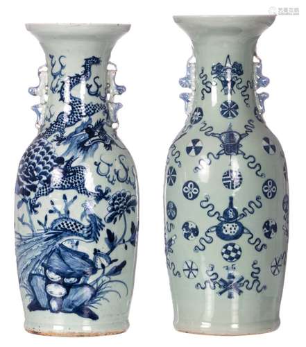 Two Chinese celadon blue and white vases, 19thC, H 58 - 59,5 cm