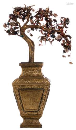 A Chinese gilt bronze miniature tree in a ditto vase, decorated with pearls and semi-precious stones, H 43 - B 22 cm