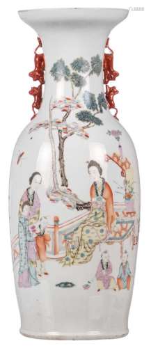 A Chinese polychrome vase, decorated with court ladies, children in a garden and calligraphic texts, marked, H 60,5 cm