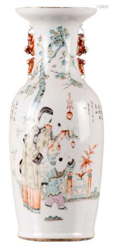 A Chinese vase, one side polychrome decorated with an animated scene, one side iron red decorated with a Fu lion, signed, 19thC, H 57 cm