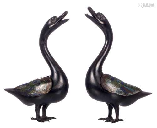 A pair of Chinese cloisonné incense burners, modelled as goose, H 40 cm (damage)