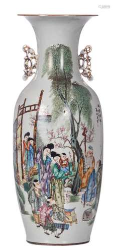 A Chinese polychrome vase, painted on both sides, depicting a genre scene and flowers with antiquities, signed by the artist, H 58 cm