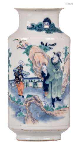 A Chinese wucai vase, decorated with figures in a landscape, Tongzhi mark, H 23 cm (crack)