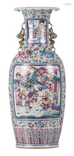 A Chinese famille rose vase, decorated with a court scene and a warrior scene, 19thC, H 63 cm