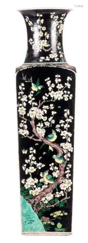 A rare Chinese quadrangular famille noire vase, decorated with birds on flower branches, marked, 19thC, H 80 cm