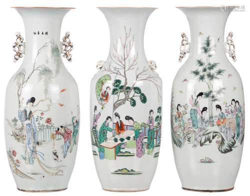 Three Chinese polychrome decorated vases, two vases with ladies and a deer; one vase with a gallant garden scene and calligraphic texts, H 55,5 - 57,5 cm