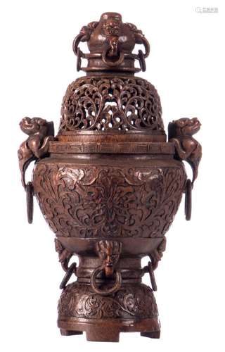 A Chinese richly carved bamboo vase and cover, floral decorated, with mythical animals, H 26 cm