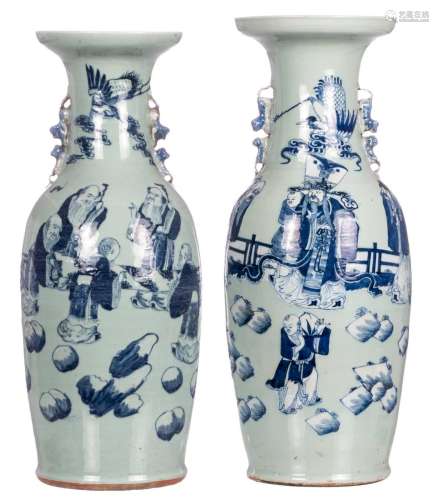 Two Chinese celadon ground blue and white decorated vases with animated scenes, 19thC, H 59,5- 61,5 cm