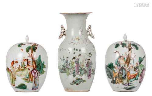 Two Chinese ginger jars, polychrome decorated with literates and calligraphic texts; added a Chinese famille rose vase, with a genre scene and calligraphic texts, H 32 - 42,3 cm