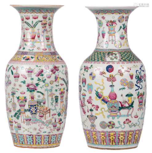 Two Chinese famille rose vases, decorated with antiquities and flower vases, 19thC, H 45 cm