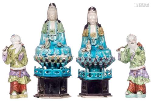 A pair of Chinese polychrome decorated Guanyins on a matching base, about 1900; added a pair of Chinese polychrome decorated figures, H 41 (with base) - H 27 cm (without base) (damage)