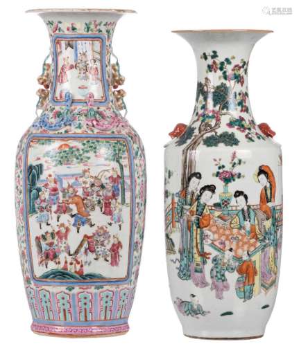 Two Chinese famille rose vases, one vase decorated with court and warrior scenes, the other vase with a garden scene and calligraphic texts, marked, H 58 - 62 cm