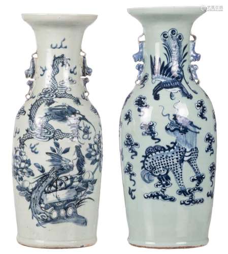Two Chinese celadon ground and blue and white vases, 19thC, H 59 - 61 cm