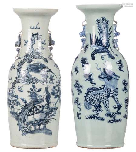 Two Chinese celadon ground and blue and white vases, 19thC, H 59 - 61 cm