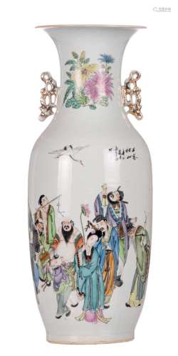 A Chinese polychrome vase, decorated with an animated scene and calligraphic texts, H 59,5 cm