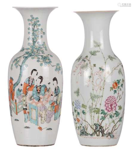 Two Chinese polychrome vases, one with a genre scene and one with bamboo and flower branches, H 59 - 61 cm