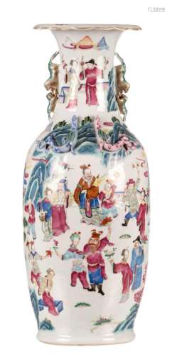 A Chinese famille rose vase, decorated with animated scenes, 19thC, H 62 cm (crack)
