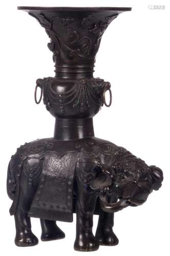 A Chinese bronze elephant shaped incense burner with semi-precious stones, H 31 cm