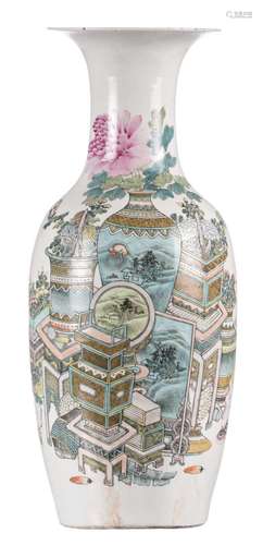 A Chinese polychrome vase with flowers and antiquities, 19thC, H 61 cm (crack in the bottom)