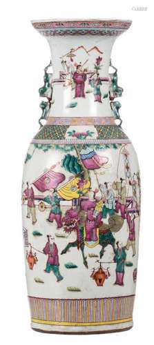 A Chinese famille rose vase, overall decorated with an animated scene, 19thC, H 61 cm