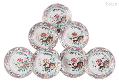 A set of seven Chinese famille rose dishes, depicting flower branches, 18thC, Diameter 22,5 cm