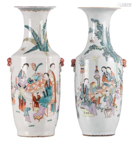 Two Chinese polychrome vases, decorated with animated scenes, 19thC, H 60,5 - 61,5 cm