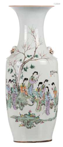 A Chinese polychrome vase, decorated with court ladies in a garden, H 58 cm