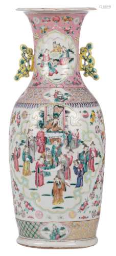 A Chinese famille rose vase, the roundels with court scenes, 19thC, H 59,5 cm