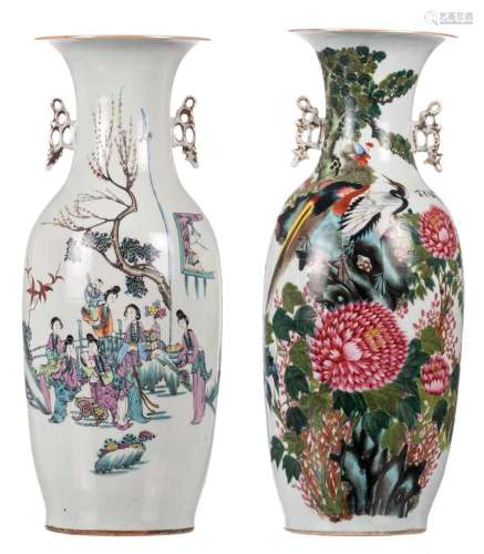 Two Chinese famille rose vases with calligraphic texts, one with birds on a flower branch, signed, one with a galant scene, H 58 cm