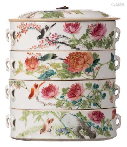 A Chinese famille rose four-piece food recipient and cover, decorated with birds on flower branches and calligraphic texts, H 22 - Diameter 19,5 cm
